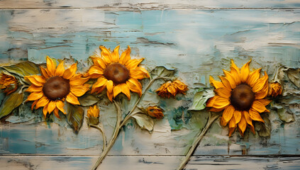 bouquet of yellow sunflowers withered on western texture flaking paint worn wood board old style vintage background. advertisement, banner, card. for template, presentation. copy text space.