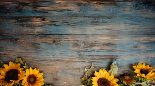 bouquet of yellow sunflowers withered on western texture flaking paint worn wood board old style vintage background. advertisement, banner, card. for template, presentation. copy text space.