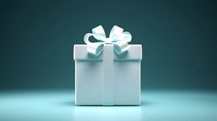 Light Turquoise  Christmas Gift Box. Flat Side View. Present with blue ribbon bow, isolated on dark blue background. Simple abstract Minimal conceptual 3D