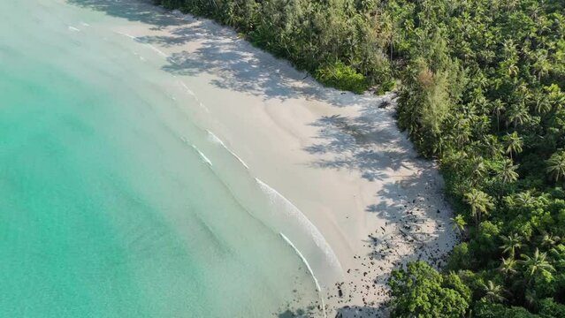 Time-lapse of sea waves above tropical beach with clear turquoise sea, white sand and palm tree stock video, Aerial drone view.