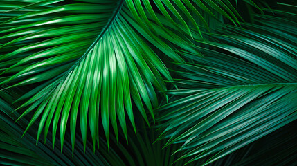 Tropical palm leaves on dark background. Exotic background.