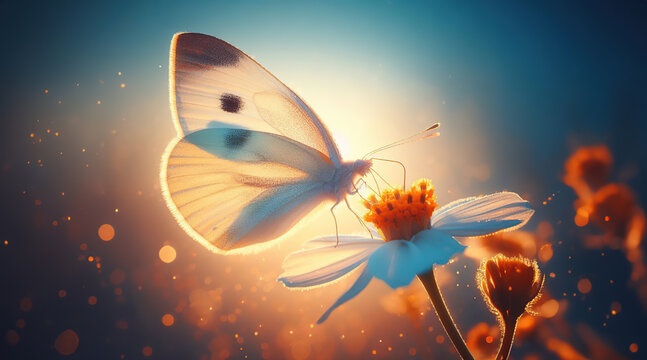 A white butterfly sips nectar from a flower in the morning light.