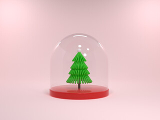 green christmas tree in glass pink background 3d rendering
