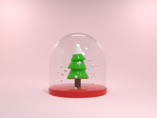 green christmas tree in glass pink background 3d rendering