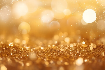 Fototapeta na wymiar Abstract Golden Sparkling Background. Falling Glitter. Bokeh Light Christmas Sparkle Texture 