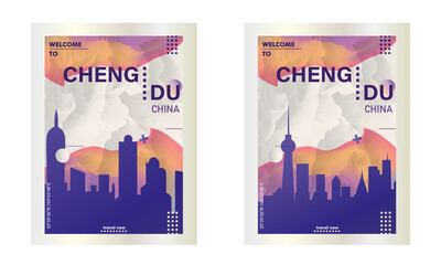 Chengdu China city poster pack with abstract skyline, cityscape, landmarks and attractions. Sichuan province travel vector illustration set for brochure, website, page, presentation