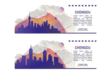 China Chengdu city banner pack with abstract shapes of skyline, cityscape, landmarks and attractions. Sichuan region travel vector illustration set for brochure, website, page, header