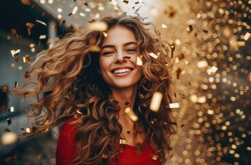 Cheerful attractive woman celebrating and smiling