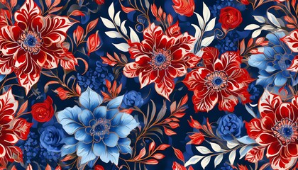 seamless red and blue floral pattern generative ai