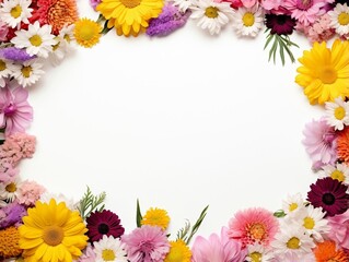 Fototapeta premium Border of flowers on white background with blank white text space generative ai
