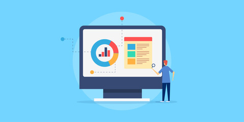 Business analyst monitoring data management report on dashboard, business metrics, marketing insights on computer screen, vector illustration web banner.