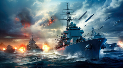 Fototapeta premium The battle of the two-storeyed cruiser in the sea.