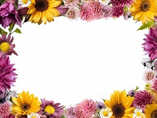 Obraz premium Border of flowers on white background with blank white text space generative ai