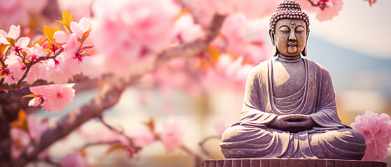 Buddha statue with pink cherry blossom sakura flowers background - obrazy, fototapety, plakaty