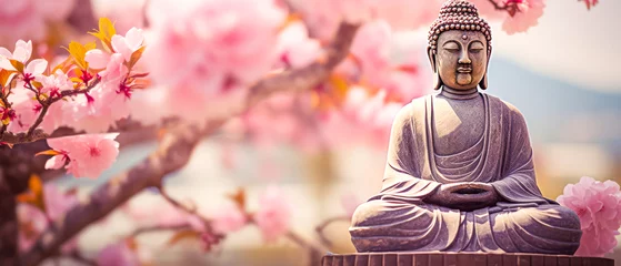 Foto op Plexiglas Buddha statue with pink cherry blossom sakura flowers background © mila103