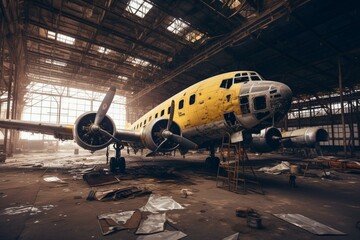 Large damaged vintage aircraft in maintenance hangar. Generative AI