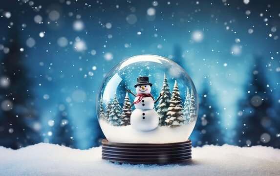 Snowman in a snow globe. Image with copy space and snowy bokeh