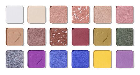 Top view set of eye shadow colorful swatches isolated with translucent hard shadow, in metal square package. Close up matte and shiny eyeshadow with colored powder for makeup, cutout object for design