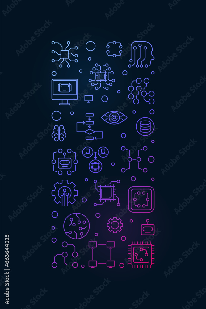 Poster machine learning technology concept vector colored outline vertical banner or ml illustration