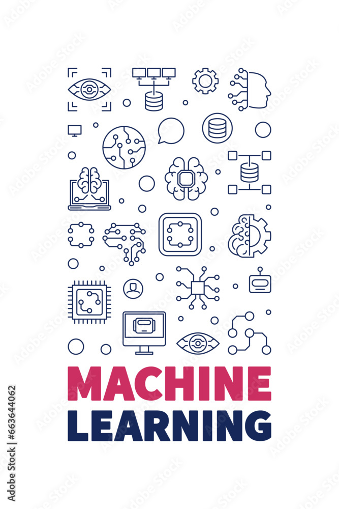 Aufkleber machine learning vertical banner in outline style. ml technology thin line banner