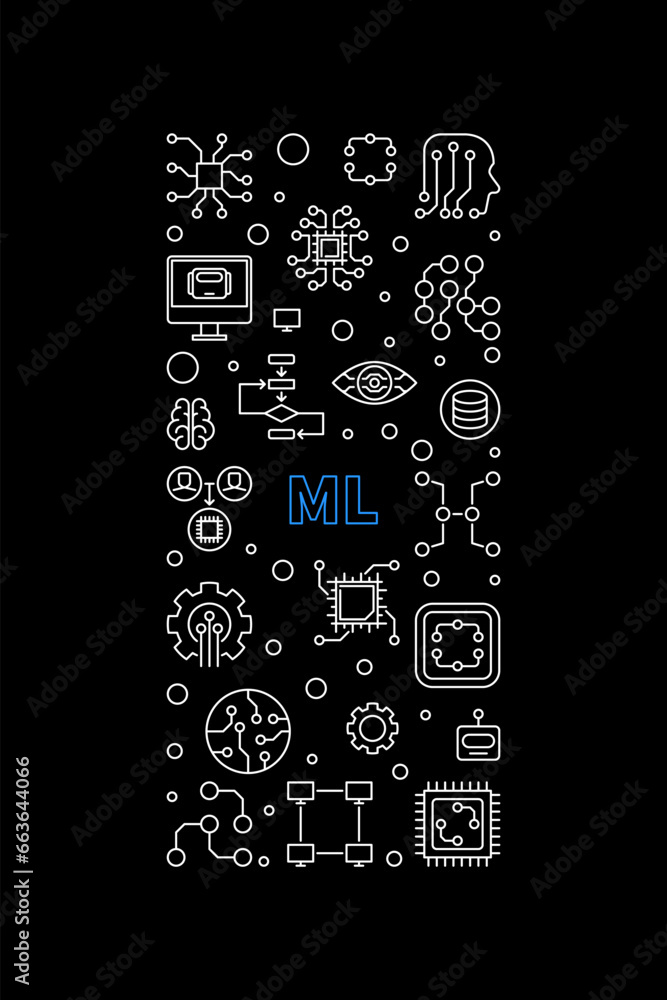 Poster ml - machine learning technology concept vector thin line vertical banner