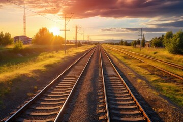Aerial perspective showcases railway tracks against a beautiful sunset sky, symbolizing cargo travel