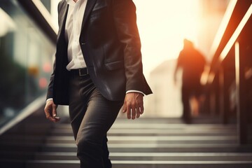 A modern businessman climbs stairs in the bustling city, hurrying to work