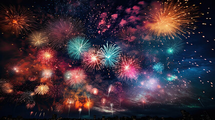 Colorful fireworks on dark sky background for celebration happy new year and merry christmas - obrazy, fototapety, plakaty