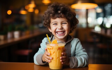 Funny child boy is drinking an orange juice
