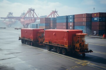 Fototapeta na wymiar An industrial crane facilitates container loading onto a cargo freight ship