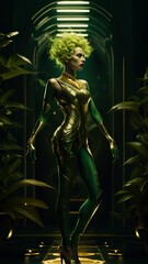 Fototapeta na wymiar fantasy woman in a green suit with golden decorations, inside a building full of plants, generative ai illustration