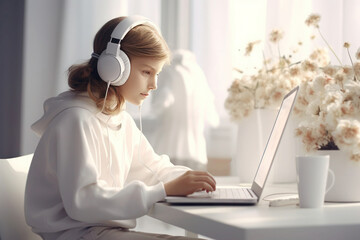 young schoolgirl is immersed in her online lessons, working on a laptop in a well-illuminated room