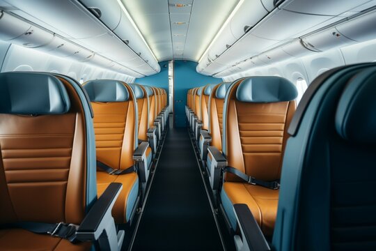 Empty cabin seats provide a spacious and peaceful airplane interior atmosphere