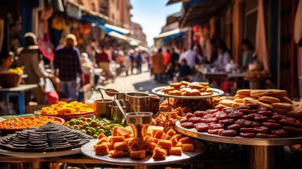 Wandaufkleber A bustling marketplace in Morocco, filled with vibrant textiles, spices, and crafts that embody the essence of Moroccan culture. © kardaska