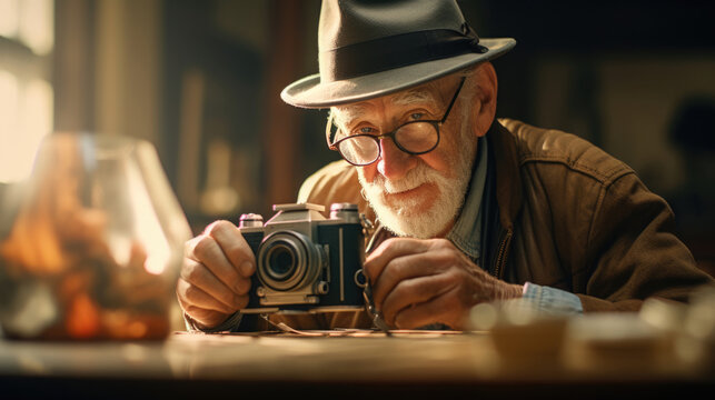 An elderly gentleman perfecting his vintage photography skills