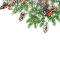 Christmas background with copy space isolated. Top view fir tree branches frame on white backdrop.
