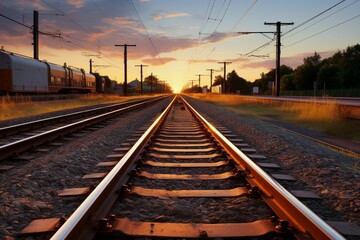 Fototapeta na wymiar Railway platform basks in the sunsets warm light beside the tracks