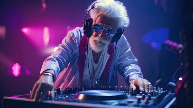 An elderly DJ spinning records at a 70s funk and soul dance party