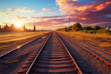 Sunset sky paints a stunning backdrop for railway tracks, symbolizing cargo shipping