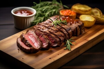 Sliced steak on board with sauce. Generative AI