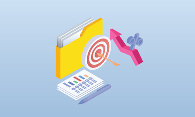 Target with an arrow in a folder with a chart and a growing arrow .on blue background.3D design.isometric vector design Illustration.
