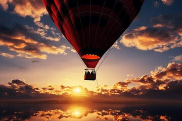 The setting sun forms a captivating silhouette of a ballooning adventure