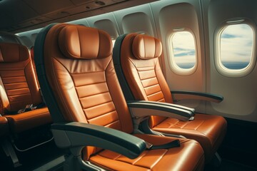 Vacant passenger seats inside an aircrafts cabin, portraying an empty plane