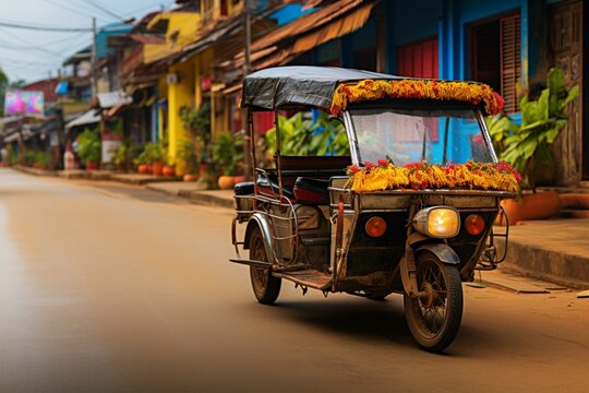 Vibrant and traditional, an old tuk tuk rickshaw adds color to the streets