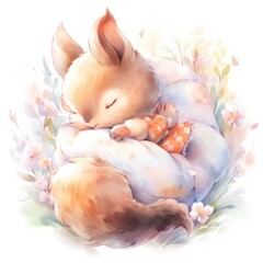 Obraz na płótnie Canvas A sleepy baby squirrel in a bedding. watercolor illustration.