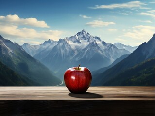 An apple is placed on a table in front of a mountain range generative ai - obrazy, fototapety, plakaty