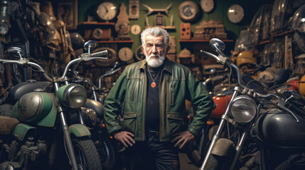 An elderly gentleman showcasing his collection of vintage motorcycles - obrazy, fototapety, plakaty