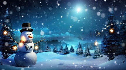 Obraz premium Christmas snowman with glowing trees and ornaments in a serene winter landscape, shining star, and crescent moon in falling snowflakes starry night. Christmas background - Christmas backdrop 
