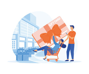 Gift card and promotion. Happy people doing online shopping with discount coupon and gift certificate. flat vector modern illustration