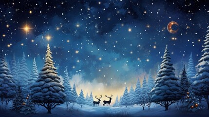 Christmas snowman with glowing trees and ornaments in a serene winter landscape, shining star, and crescent moon in falling snowflakes starry night. Christmas background - Christmas backdrop
 - obrazy, fototapety, plakaty
